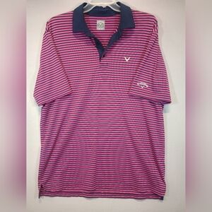 Callaway Opti-Dri Men’s Large Pink Navy Striped Golf Polo Minor Stitch Flaw